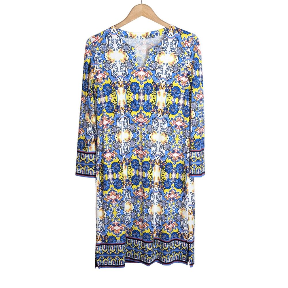 EUC Coolibar Oceanside Tunic Dress Sz S 3/4 Sleeve Blue Yellow Floral Beachy SPF